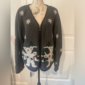 Christmas Sweater Ice Skating Bears Gray zip down by Christopher & Banks SZ XL